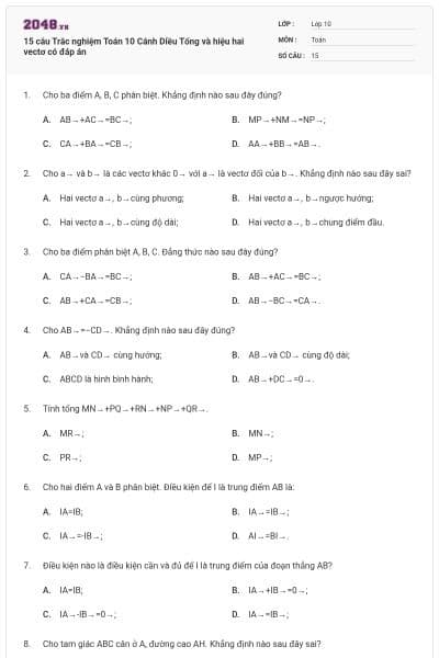 15 câu  Trắc nghiệm Toán 10 Cánh Diều Tổng và hiệu hai vectơ có đáp án