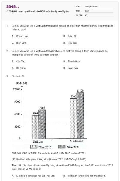 (2024) Đề minh họa tham khảo BGD môn Địa Lý có đáp án