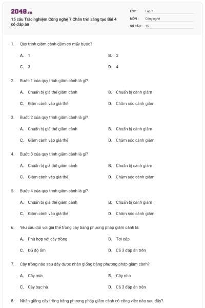 15 câu Trắc nghiệm Công nghệ 7 Chân trời sáng tạo Bài 4 có đáp án