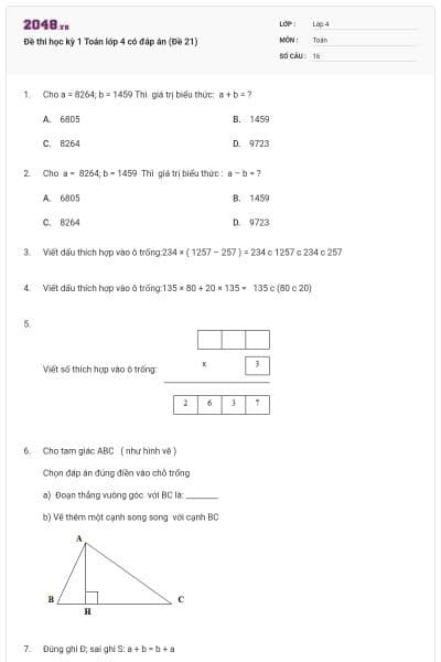 Đề thi học kỳ 1 Toán lớp 4 có đáp án (Đề 21)