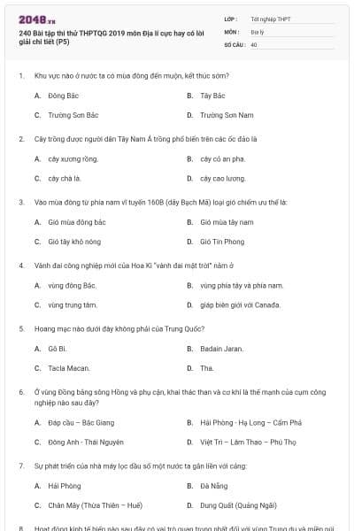 240 Bài tập thi thử THPTQG 2019 môn Địa lí cực hay có lời giải chi tiết (P5)