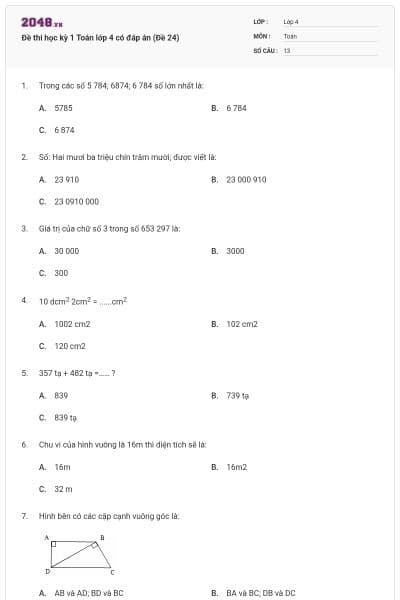 Đề thi học kỳ 1 Toán lớp 4 có đáp án (Đề 24)