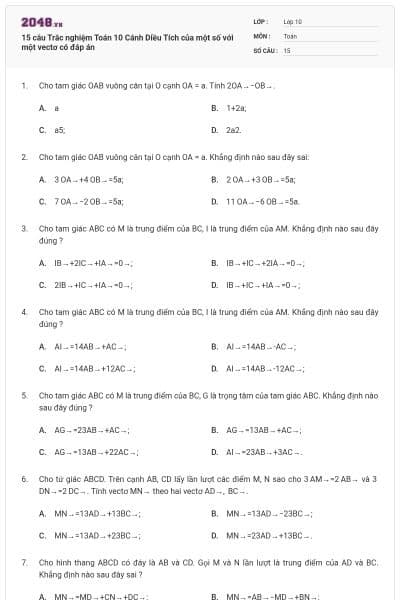 15 câu Trắc nghiệm Toán 10 Cánh Diều Tích của một số với một vectơ có đáp án