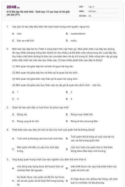 615 Bài tập Hệ sinh thái - Sinh học 12 cực hay có lời giải chi tiết (P7)