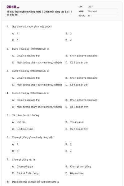 15 câu Trắc nghiệm Công nghệ 7 Chân trời sáng tạo Bài 11 có đáp án