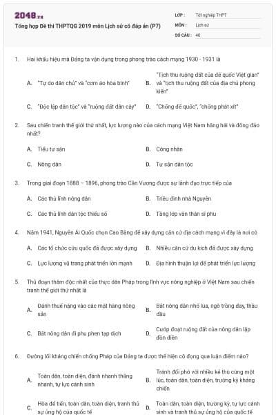 Tổng hợp Đề thi THPTQG 2019 môn Lịch sử có đáp án (P7)