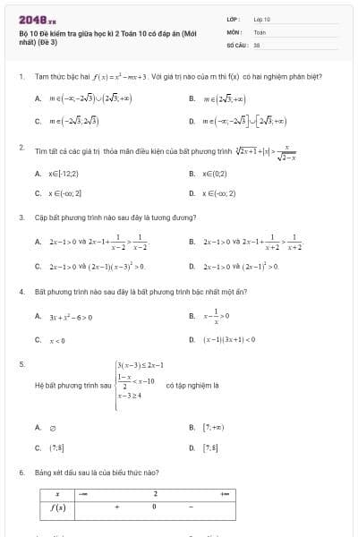 Bộ 10 Đề kiểm tra giữa học kì 2 Toán 10 có đáp án (Mới nhất) (Đề 3)