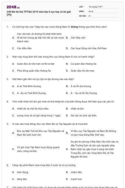 240 Bài thi thử TPTQG 2019 môn Địa lí cực hay có lời giải (P5)