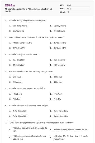 15 câu Trắc nghiệm Địa lý 7 Chân trời sáng tạo Bài 1 có đáp án