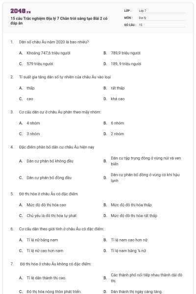 15 câu Trắc nghiệm Địa lý 7 Chân trời sáng tạo Bài 2 có đáp án