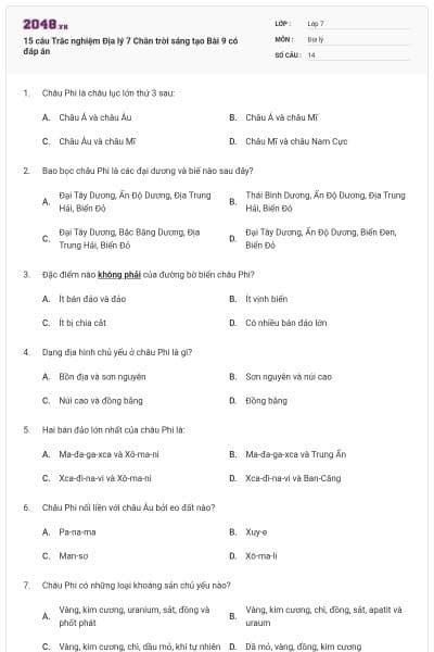 15 câu Trắc nghiệm Địa lý 7 Chân trời sáng tạo Bài 9 có đáp án