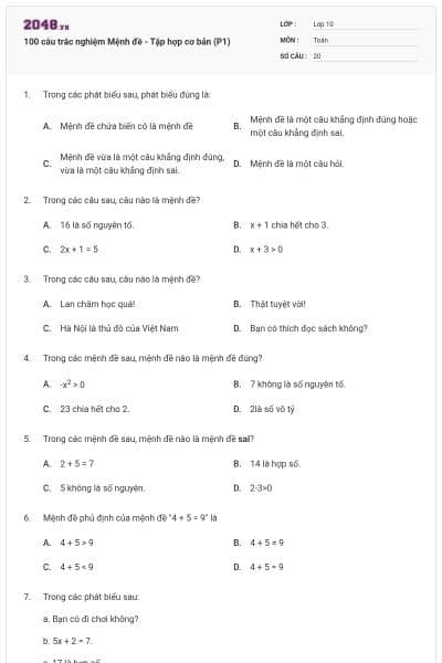 100 câu trắc nghiệm Mệnh đề - Tập hợp cơ bản (P1)