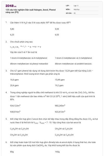 125 câu trắc nghiệm Dẫn xuất Halogen, Ancol, Phenol nâng cao (P5)