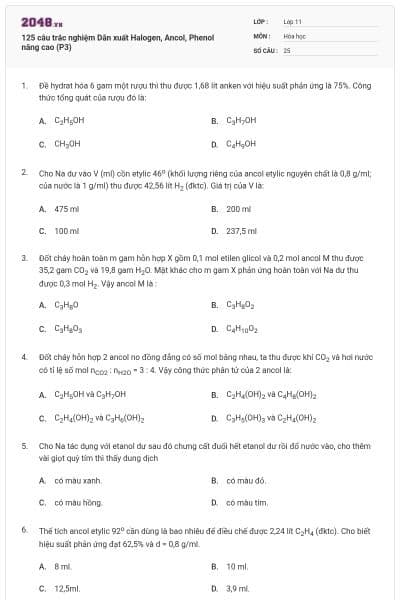 125 câu trắc nghiệm Dẫn xuất Halogen, Ancol, Phenol nâng cao (P3)