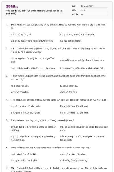 400 Bài thi thử THPTQG 2019 môn Địa Lí cực hay có lời giải (P10)