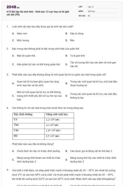 615 Bài tập Hệ sinh thái - Sinh học 12 cực hay có lời giải chi tiết (P8)