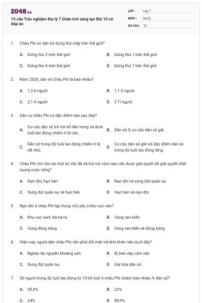 15 câu Trắc nghiệm Địa lý 7 Chân trời sáng tạo Bài 10 có đáp án