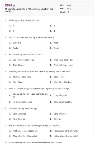 15 câu Trắc nghiệm Địa lý 7 Chân trời sáng tạo Bài 14 có đáp án