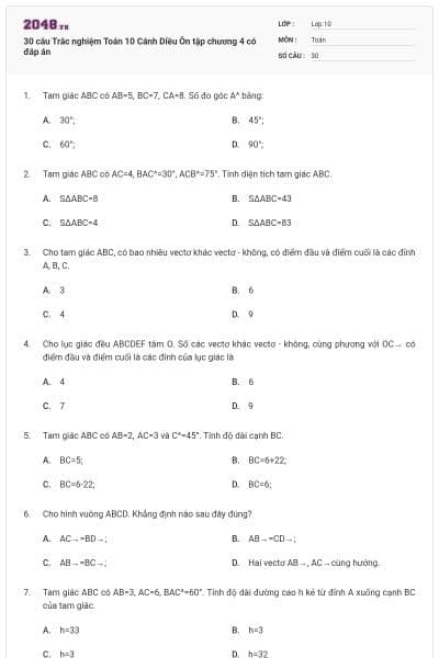 30 câu Trắc nghiệm Toán 10 Cánh Diều Ôn tập chương 4 có đáp án
