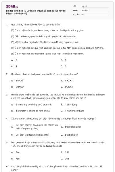 Bài tập Sinh học 12 Cơ chế di truyền và biến dị cực hay có lời giải chi tiết (P11)