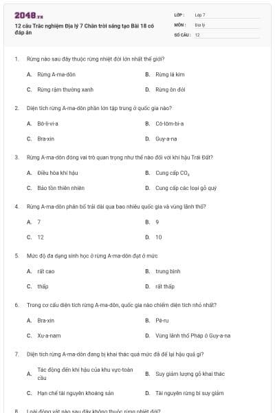 12 câu Trắc nghiệm Địa lý 7 Chân trời sáng tạo Bài 18 có đáp án