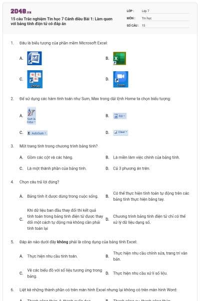 15 câu Trắc nghiệm Tin học 7 Cánh diều Bài 1: Làm quen với bảng tính điện tử có đáp án