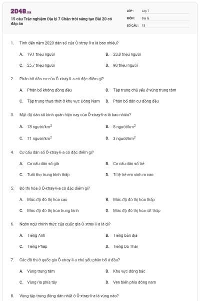 15 câu Trắc nghiệm Địa lý 7 Chân trời sáng tạo Bài 20 có đáp án