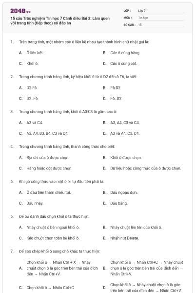 15 câu Trắc nghiệm Tin học 7 Cánh diều Bài 3: Làm quen với trang tính (tiếp theo) có đáp án