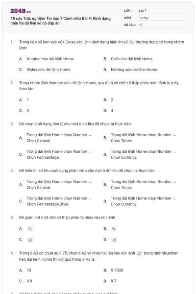 15 câu Trắc nghiệm Tin học 7 Cánh diều Bài 4: Định dạng hiển thị dữ liệu số có đáp án