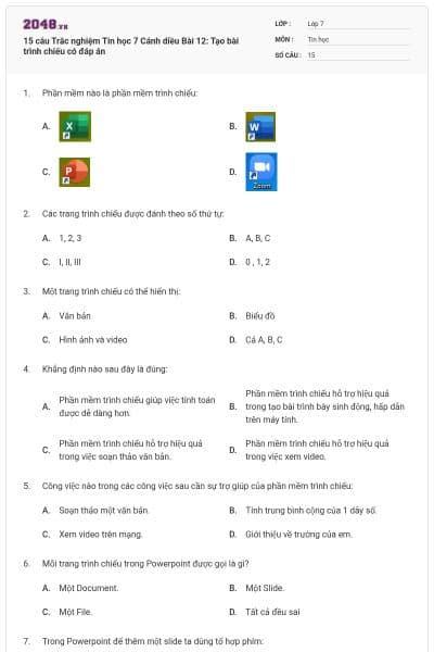 15 câu Trắc nghiệm Tin học 7 Cánh diều Bài 12: Tạo bài trình chiếu có đáp án