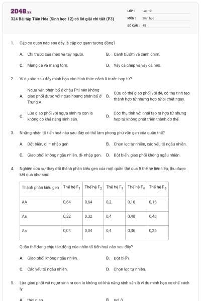 324 Bài tập Tiến Hóa (Sinh học 12) có lời giải chi tiết (P3)