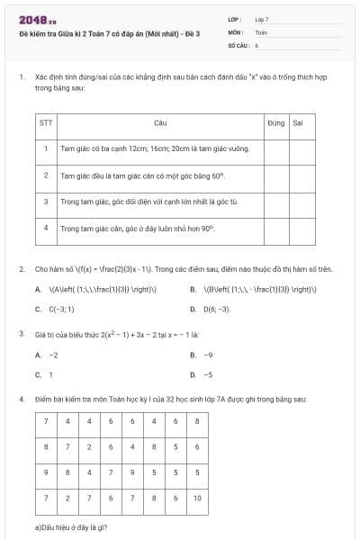 Đề kiểm tra Giữa kì 2 Toán 7 có đáp án (Mới nhất) - Đề 3