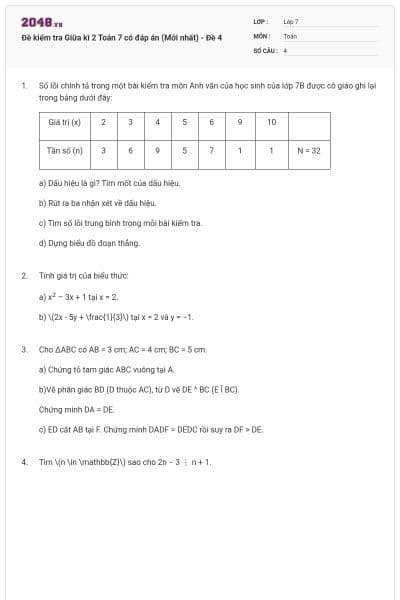 Đề kiểm tra Giữa kì 2 Toán 7 có đáp án (Mới nhất) - Đề 4