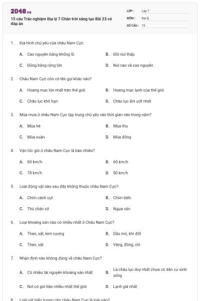 15 câu Trắc nghiệm Địa lý 7 Chân trời sáng tạo Bài 23 có đáp án