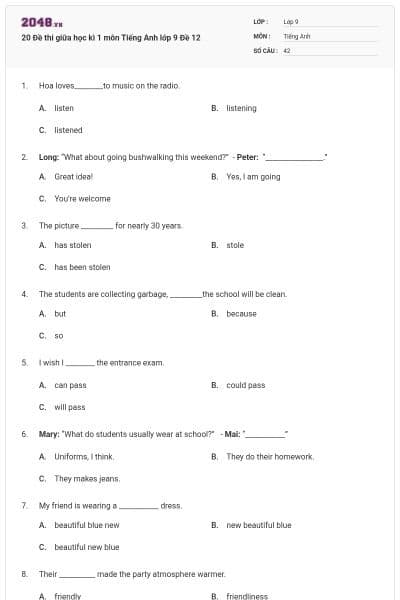20 Đề thi giữa học kì 1 môn Tiếng Anh lớp 9 Đề 12