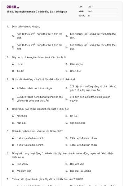 15 câu Trắc nghiệm Địa lý 7 Cánh diều Bài 1 có đáp án