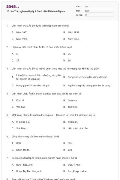 15 câu Trắc nghiệm Địa lý 7 Cánh diều Bài 4 có đáp án