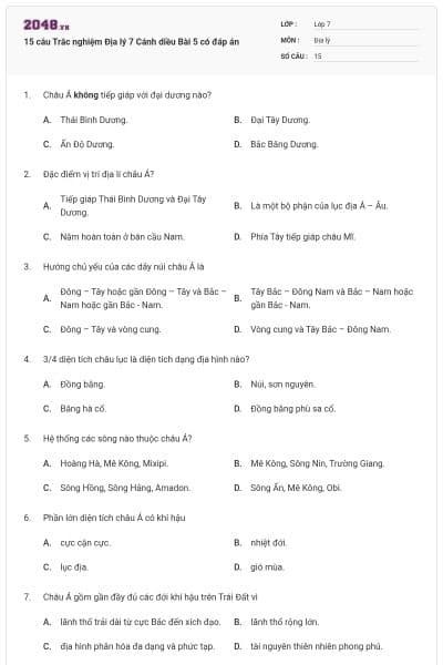 15 câu Trắc nghiệm Địa lý 7 Cánh diều Bài 5 có đáp án