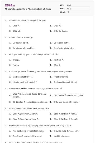 15 câu Trắc nghiệm Địa lý 7 Cánh diều Bài 6 có đáp án