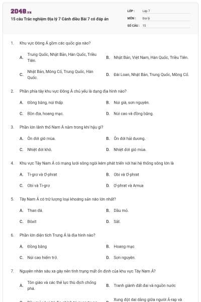 15 câu Trắc nghiệm Địa lý 7 Cánh diều Bài 7 có đáp án