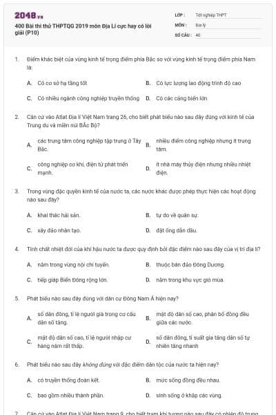 400 Bài thi thử THPTQG 2019 môn Địa Lí cực hay có lời giải (P10)
