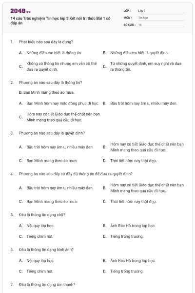 14 câu Trắc nghiệm Tin học lớp 3 Kết nối tri thức Bài 1 có đáp án