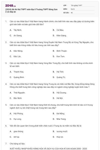 (2024) Đề thi thử THPT môn Địa lí Trường THPT Đông Sơn 2 có đáp án