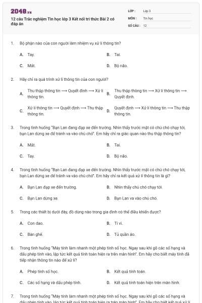 12 câu Trắc nghiệm Tin học lớp 3 Kết nối tri thức Bài 2 có đáp án