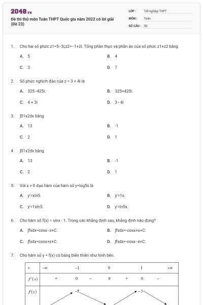 Đề thi thử môn Toán THPT Quốc gia năm 2022 có lời giải (Đề 23)