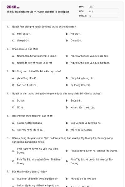 15 câu Trắc nghiệm Địa lý 7 Cánh diều Bài 15 có đáp án