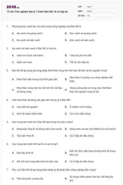 15 câu Trắc nghiệm Địa lý 7 Cánh diều Bài 16 có đáp án