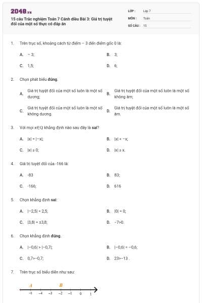 15 câu Trắc nghiệm Toán 7 Cánh diều Bài 3: Giá trị tuyệt đối của một số thực có đáp án