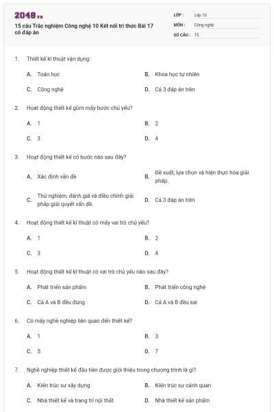 15 câu Trắc nghiệm Công nghệ 10 Kết nối tri thức Bài 17 có đáp án