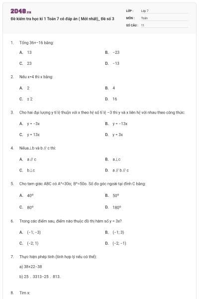 Đề kiểm tra học kì 1 Toán 7 có đáp án ( Mới nhất)_ Đề số 3